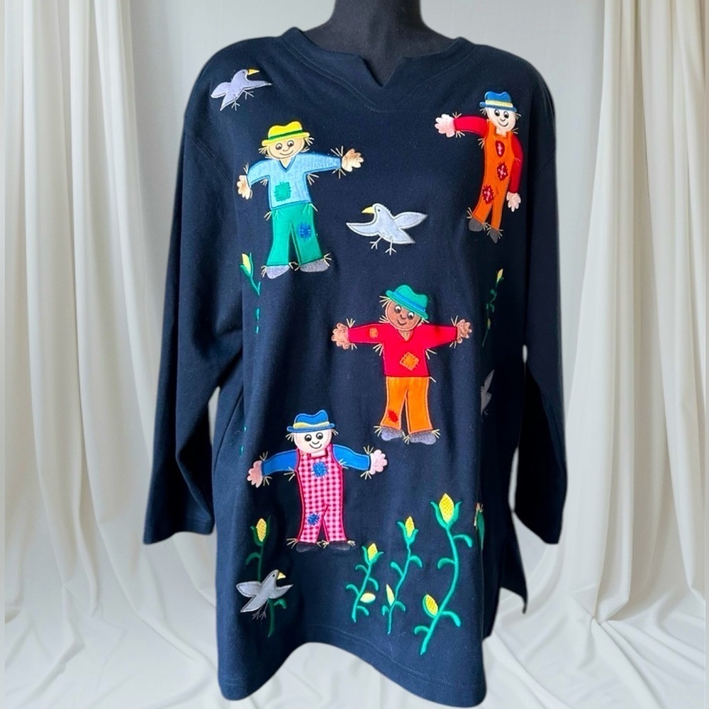 Vintage BECHAMEL PETITES Scarecrow Embroidered Black Cotton T-shirt ,Fall, PL